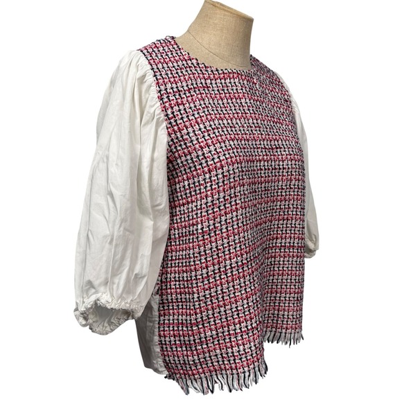 ZARA Tweed Women XS Puff Sleeve Fringe Top Blouse White Pink Academia Preppy - Picture 2 of 9